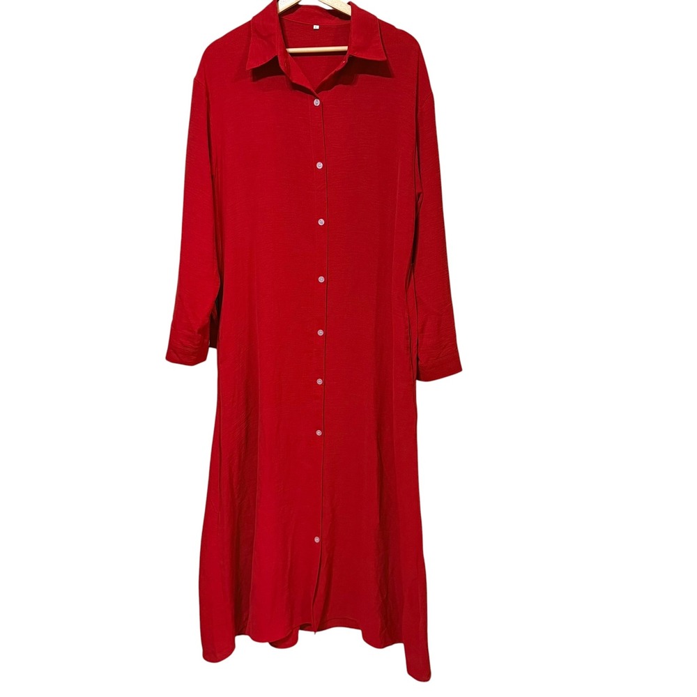 Red Long Sleeve Button Down Maxi Shirt Dress with Pockets Size L Textured